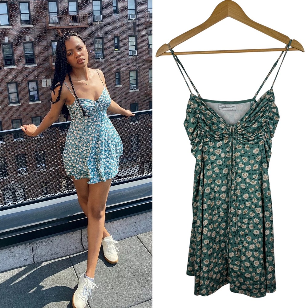 Urban Outfitters Dasha Floral Skater Dress Sz M Y2K 90's Ruched Tie Front Casual